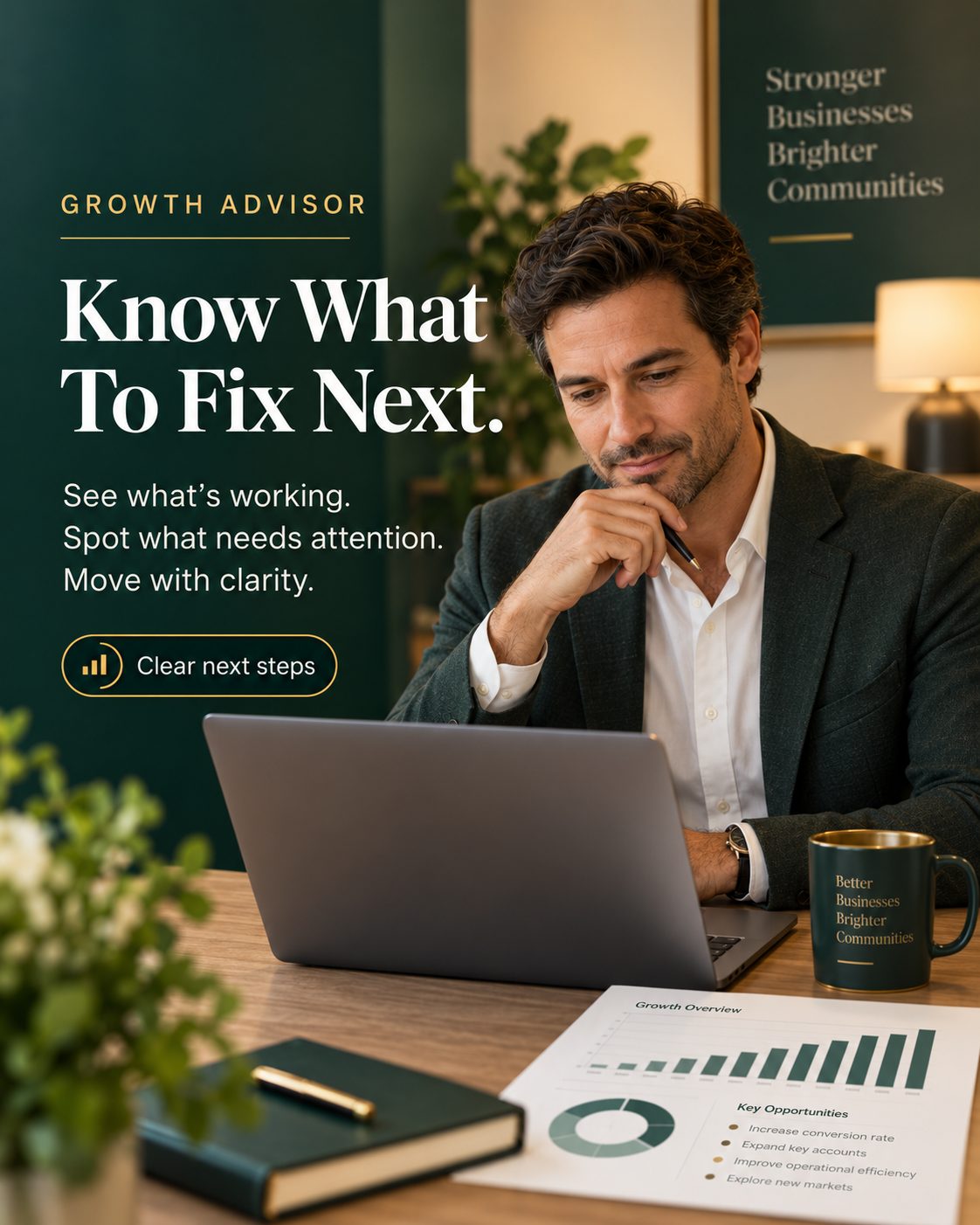 Business owner reviewing a growth dashboard